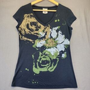Ransom Size Large Black V-Neck Graphic Tee - Y2K Grunge Floral Whimsigoth Top